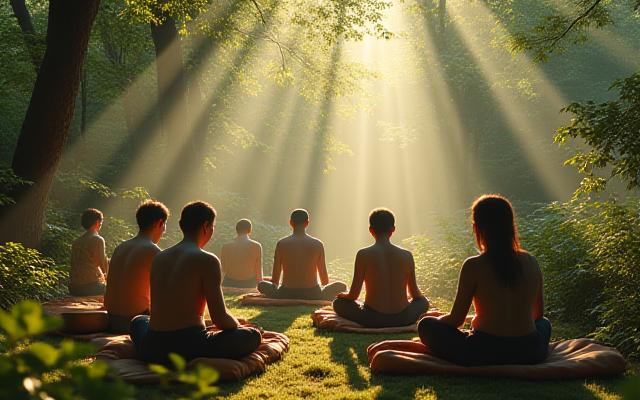 고요한 숲속에서 사운드 배스를 즐기는 사람들