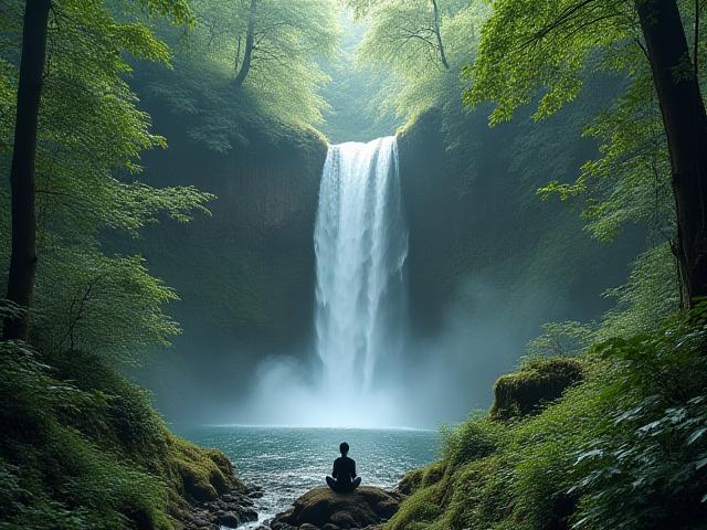 울창한 숲속 폭포 옆에서 명상하는 모습